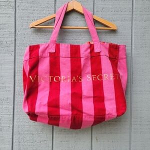 y2k Victoria's Secret Striped Canvas Tote Bag Large Size Pink Red Gold Lettering